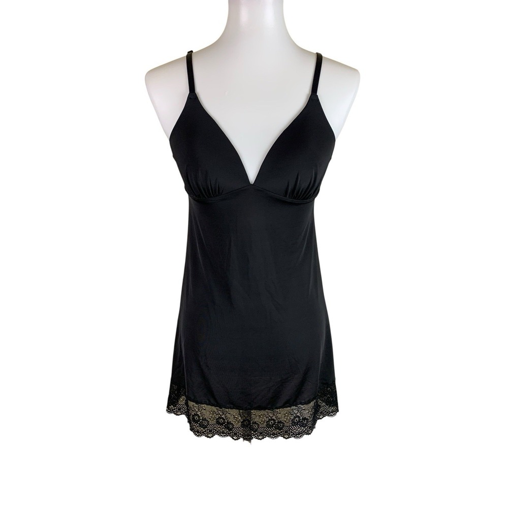 OnGossamer Black Lace Trim Slip Chemise Lingerie Nightgown Medium